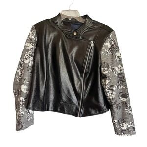 Rachel Roy Womens Charlie Moto Jacket Black Floral Sleeves Plus Size 1X‎